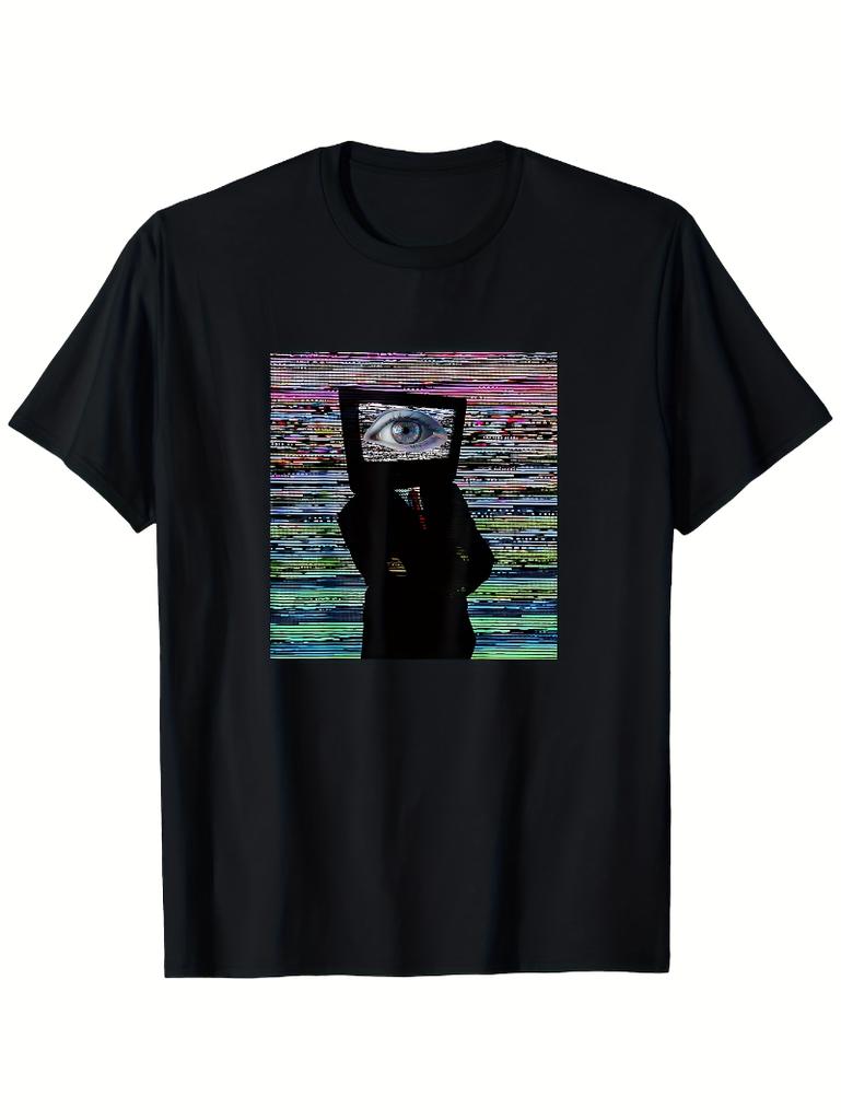 Unique Weirdcore Style Patterned Tshirt with Glitch TV Head Design Regular Casual Round Neck Tshirt In Black Color