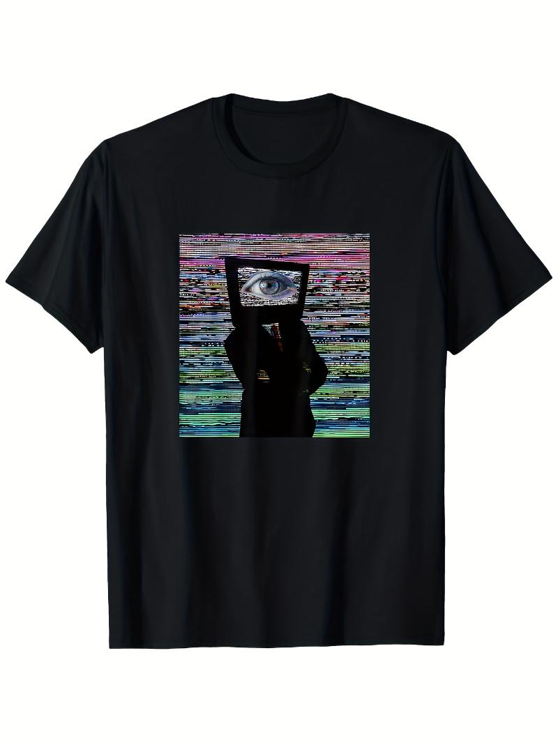 

Unique Weirdcore style patterned Tshirt with Glitch TV head design regular casual round neck Tshirt in black color S