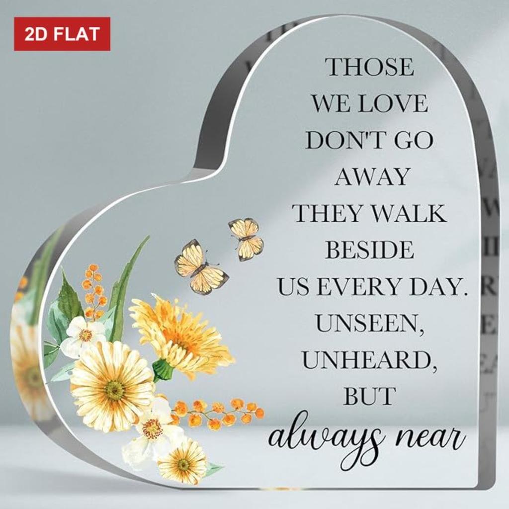 2D Flat Memorial Gifts for Remembering a Loved One, Glass Effect Sign for Mourning, Heart-Shaped Glass Effect Plaque with Daisy Decoration for Desk, S