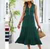 Women's Summer Casual V-Neck Button Front Sleeveless Tiered Maxi Dress Solid Color Beach Sundress