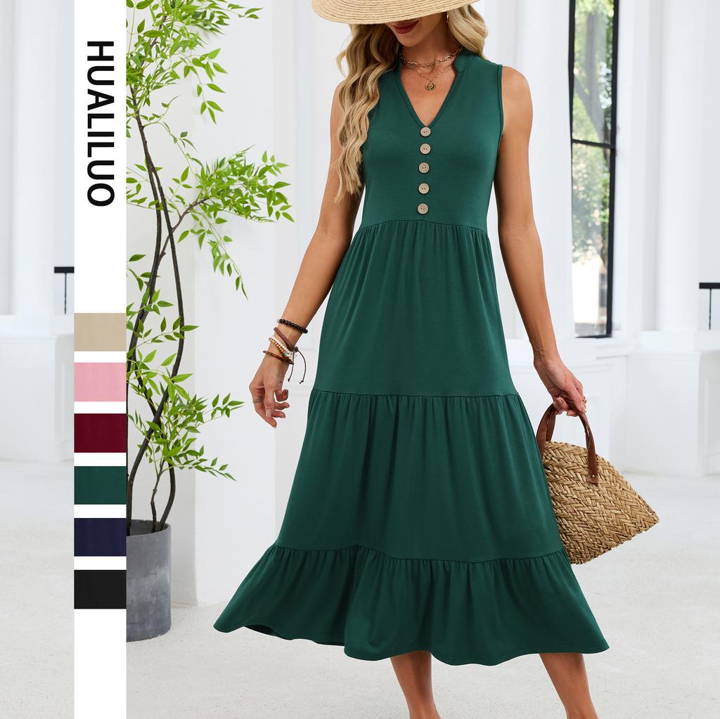 Women's Summer Casual V-Neck Button Front Sleeveless Tiered Maxi Dress Solid Color Beach Sundress