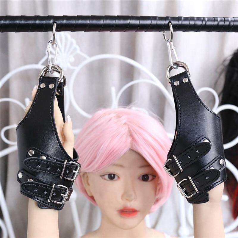 Adult Sex Toys Black Leather Hanging Door Handcuffs Bound Discipline BDSM Torture Bondage Restraint Chastity