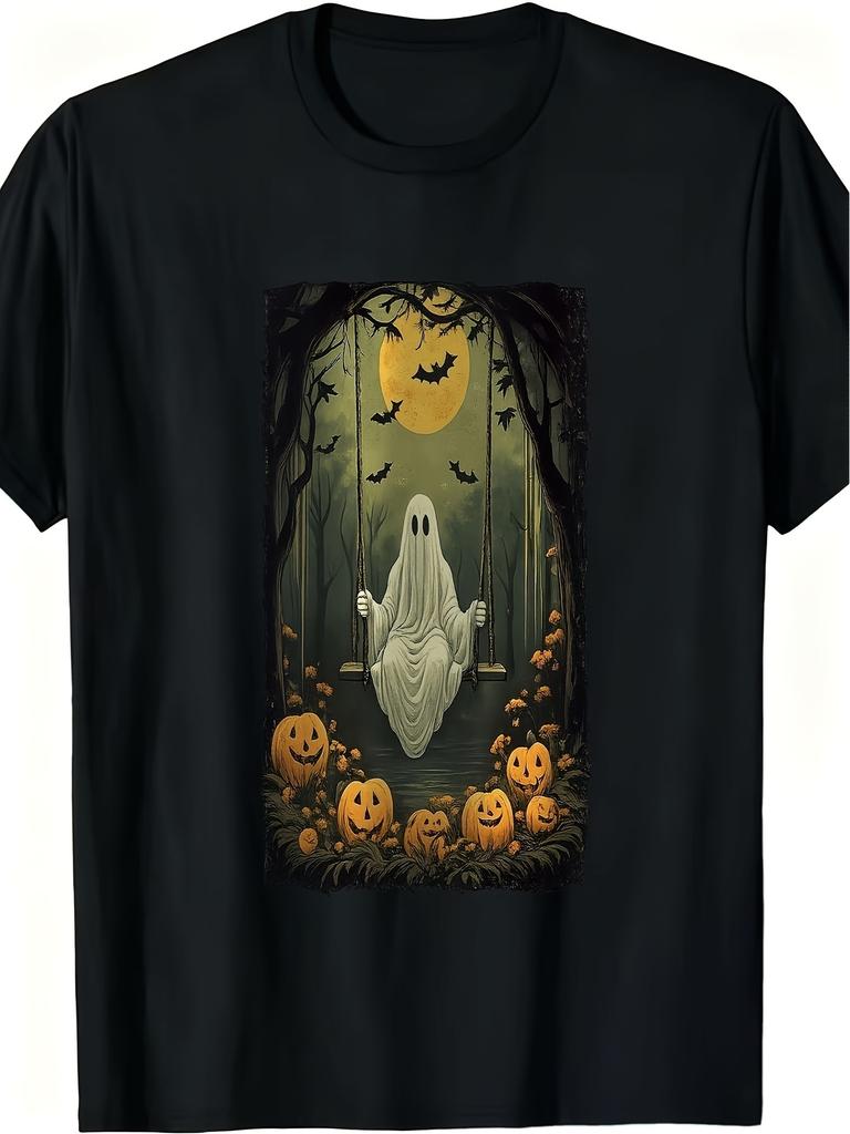 Unisex T-shirt Halloween Spooky Ghost on Swing with Jack-o'-Lanterns Graphic T-Shirt