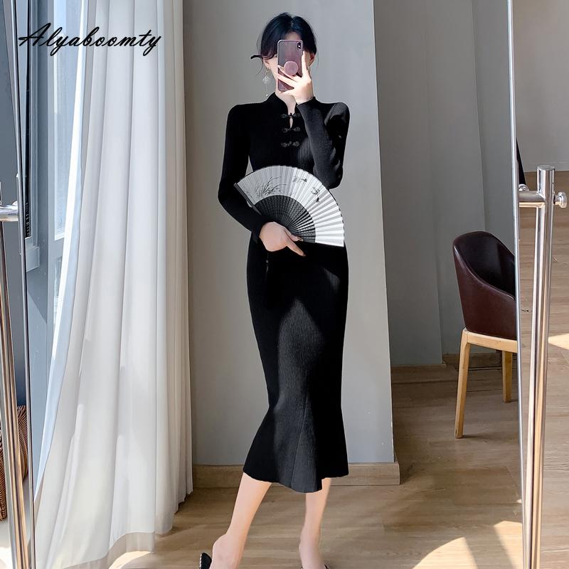 Chinese Style Autumn Winter Women Sweater Dress Stand Collar Pink Beige Black Trumpt Knitting Dress Elegant Feminine Mermaid Knitted Dress