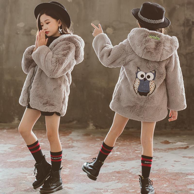 Giacca di lana per bambine, autunno inverno, pelliccia sintetica, calda, per bambini, con cappuccio, abbigliamento esterno