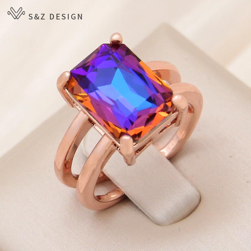 Fashion Rose Gold Color Adjustable Rectangle Crystal Rings For Women Wedding Party Jewelry Gift