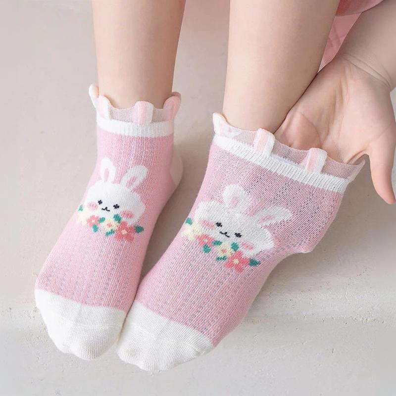 Children's Mid-Calf Socks 5 Pairs Cute Rabbit Floral Design Lace Edge Soft Elastic Socks for Toddler Girls All Seasons