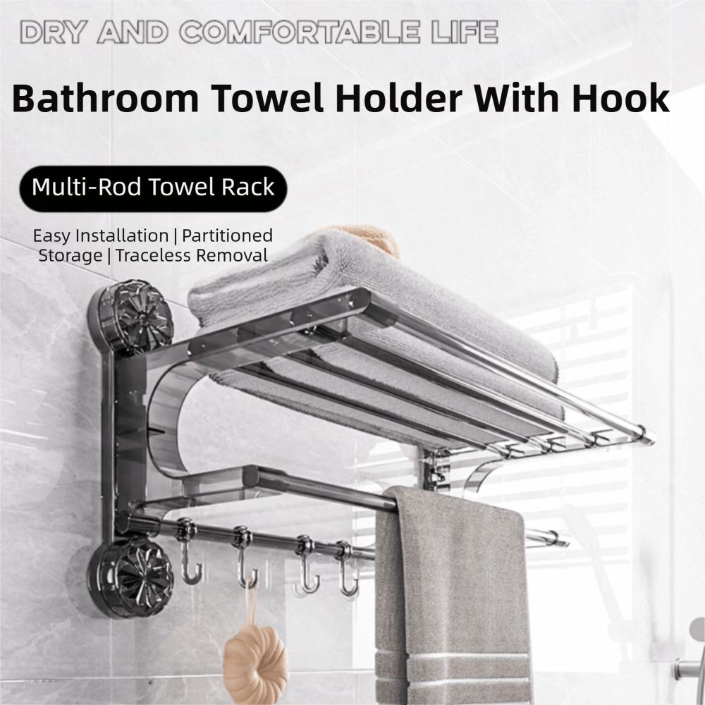 Wall Mount Toilet Storage Rack Vacuum Suction Cup Towel Rack Bathroom Towel Holder With Hook  Home