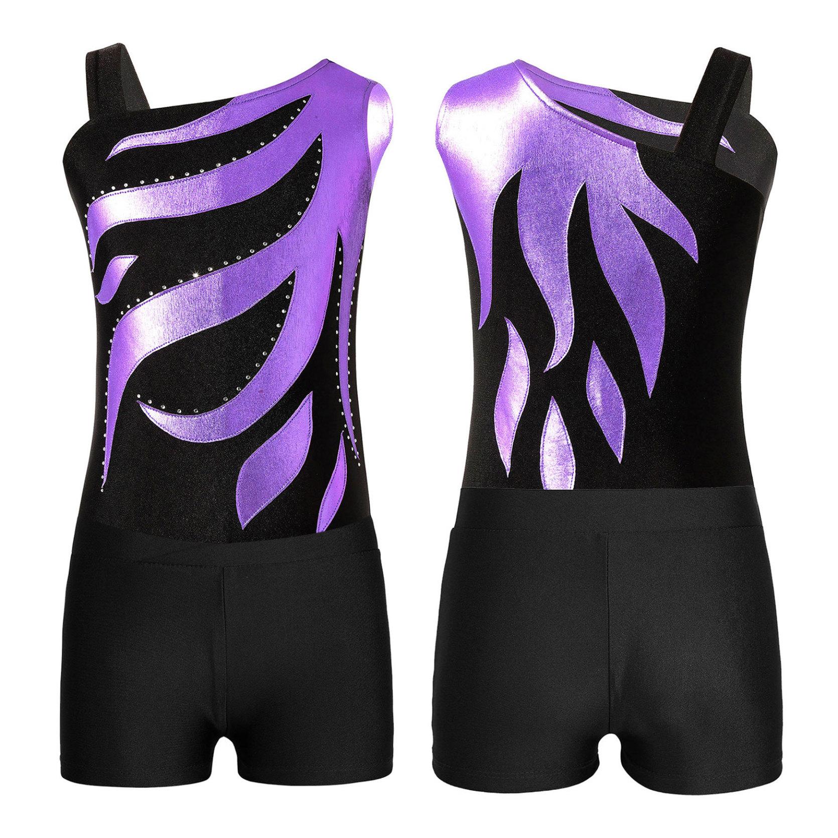 

Блестящие металлические танцевальные костюмы для девочек, купальник без рукавов с шортами, комплект для балета, гимнастики, катания на коньках 9-10 Years лавандовый/чёрный