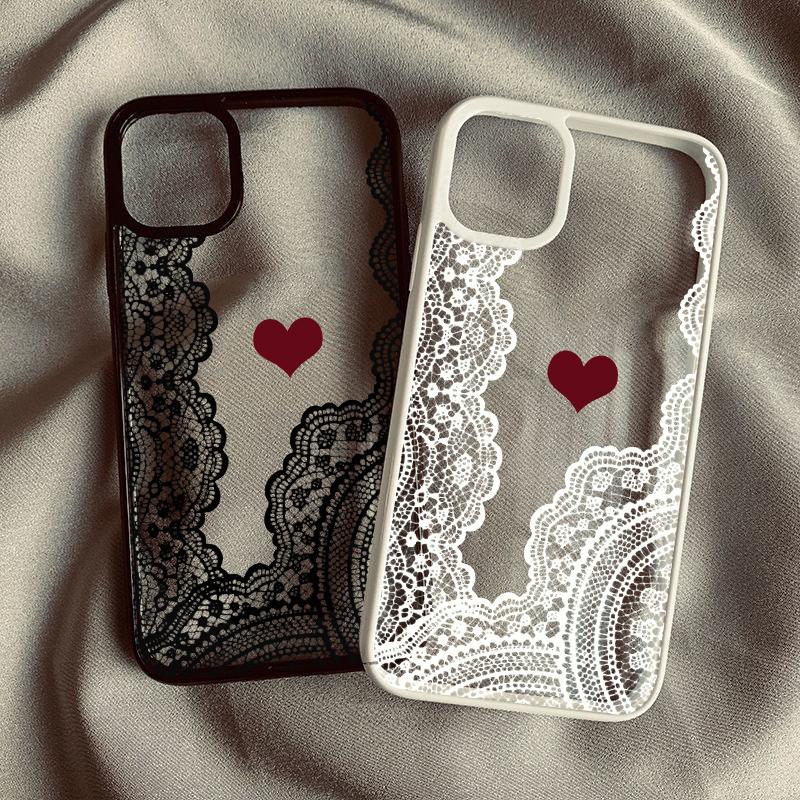 Cute Black White Lace Floral Pattern Phone Case For iPhone 16 17 Pro 15 17Air 13 11 12 XS Max 7 8 14 Plus XR Clear Hard Cover