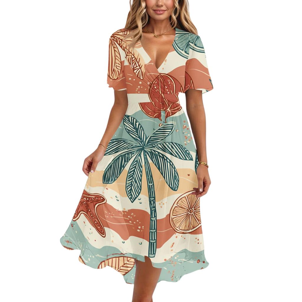 Women's Casual V Neck Short Sleeve Hawaiian Print Dress Midi Length Lightweight Comfortable Summer Beach Dress