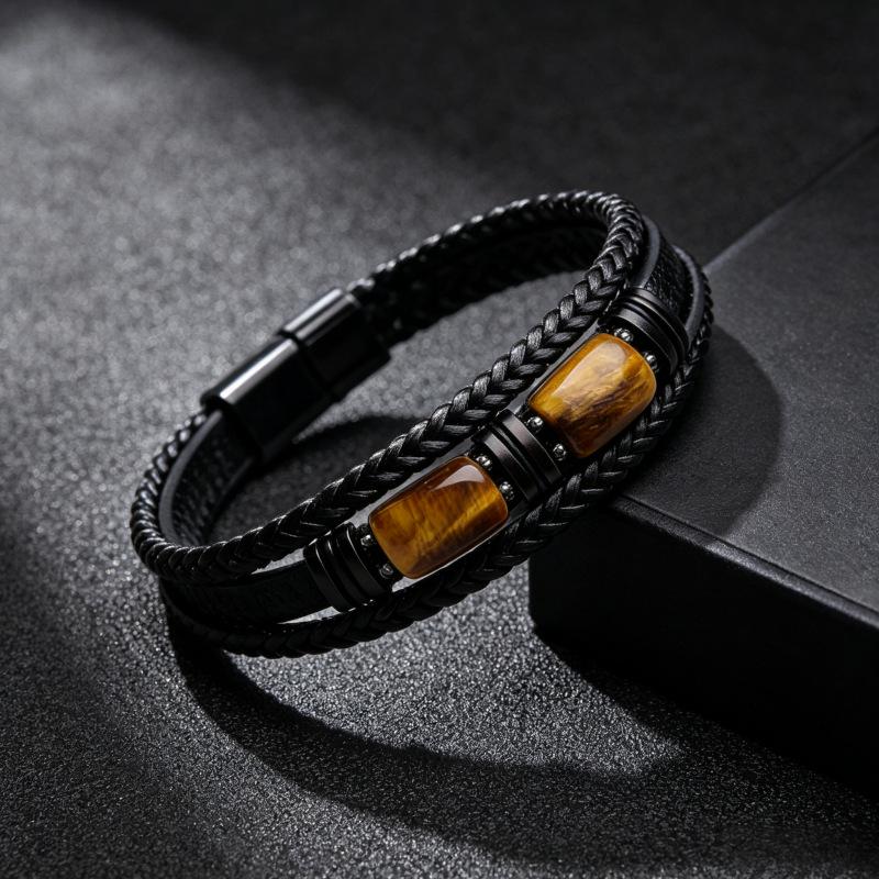Men's Double Layer Leather Bracelet with Tiger Eye Stones