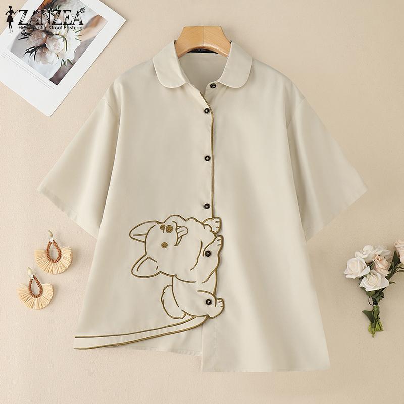 ZANZEA Women Casual Turn Down Collar Loose Short Sleeve Irregular Blouse