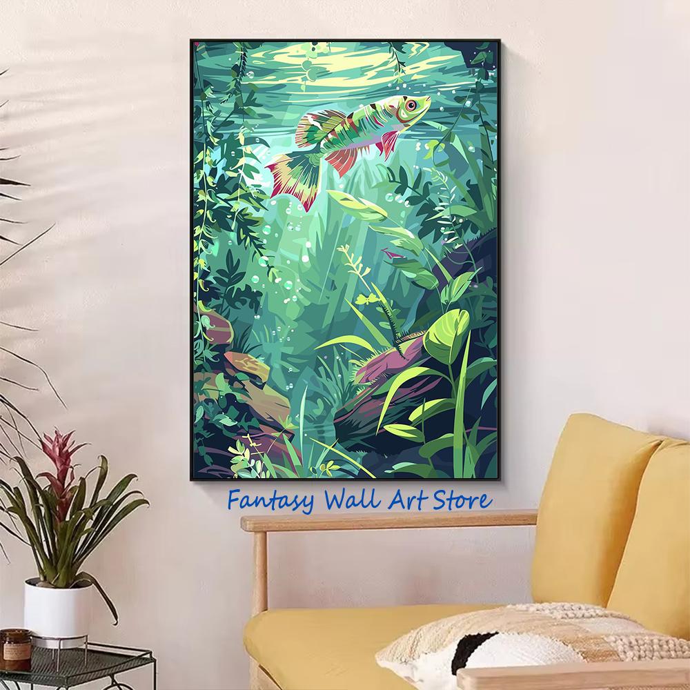 Watercolors Freshwater Fish Tropical Fish in Lush Waters Koi-Fish Underwater Poster Canvas Painting Wall Picture Home Room Decor