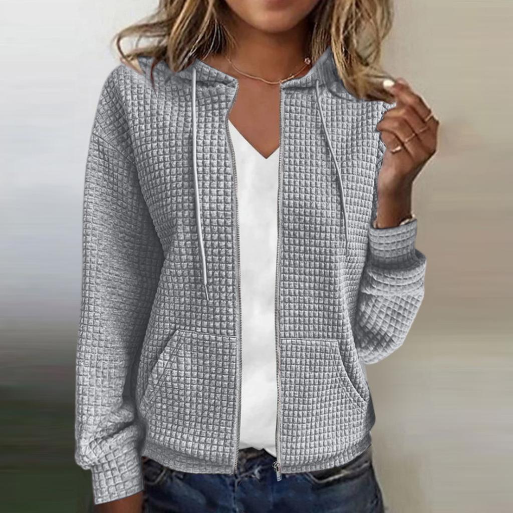 Women's Solid Color Zipper Hooded Cardigan Long Sleeved Sweatshirt Jacket
