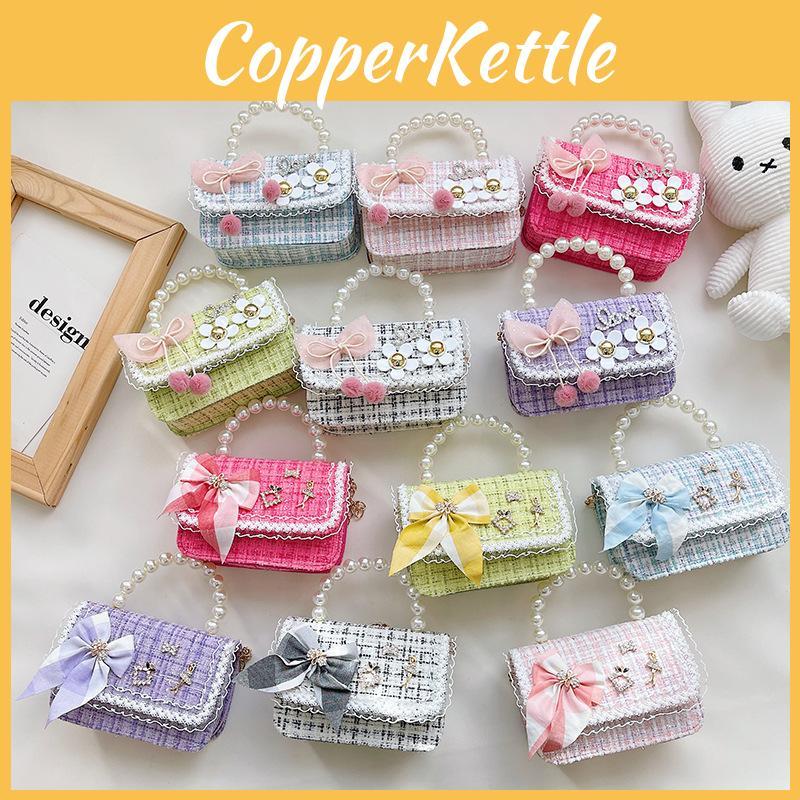 Kids Girl Trendy Korean Style Mini Bag With Pearl Handle And Decorative Butterfly Embellishments