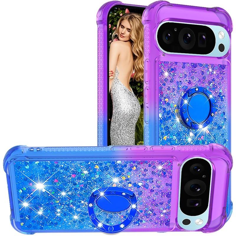 

Personalized Sparkle Glitter Clear Cute Phone Case For Google Pixel 10 9 8 Pro XL With Holder Gradient Quicksand Protective Case Google Pixel 10 темно-фиолетовый