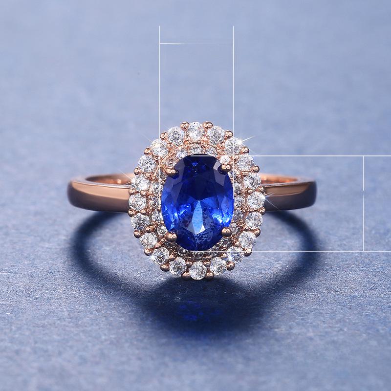 Cao Shi Retro Elegant Women's Ring - Blue Zircon Rose Gold Plated