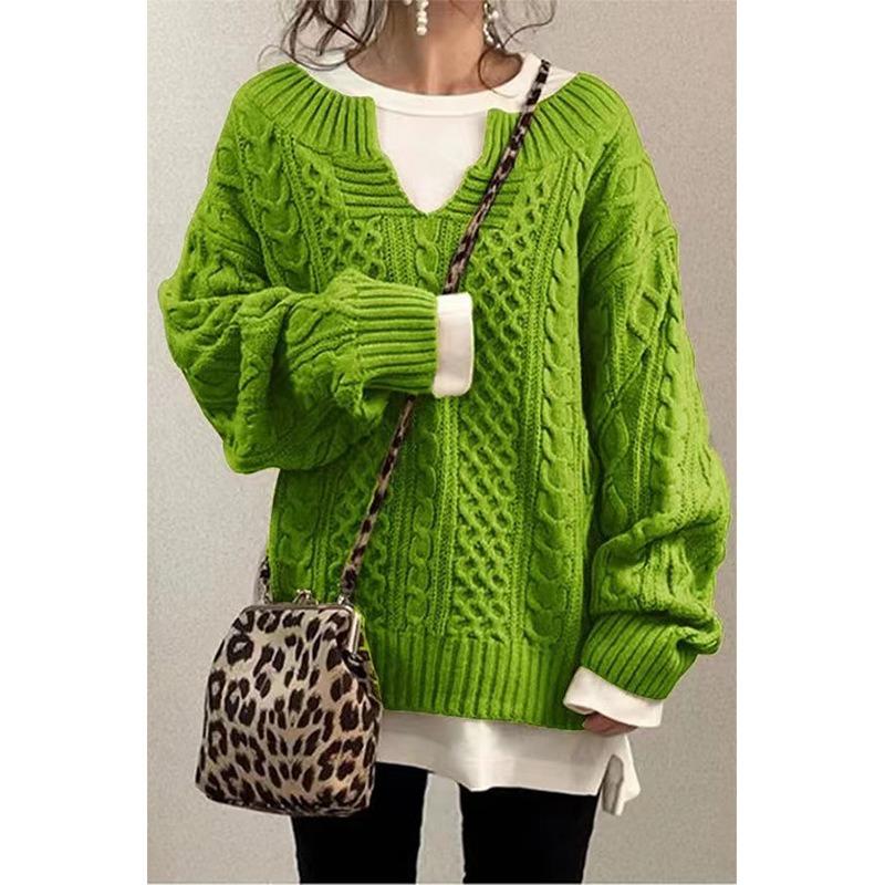 Women's Chunky V Neck Sweater Long Sleeve Loose Cable Ribbed Knit Pullover Jumper Tops