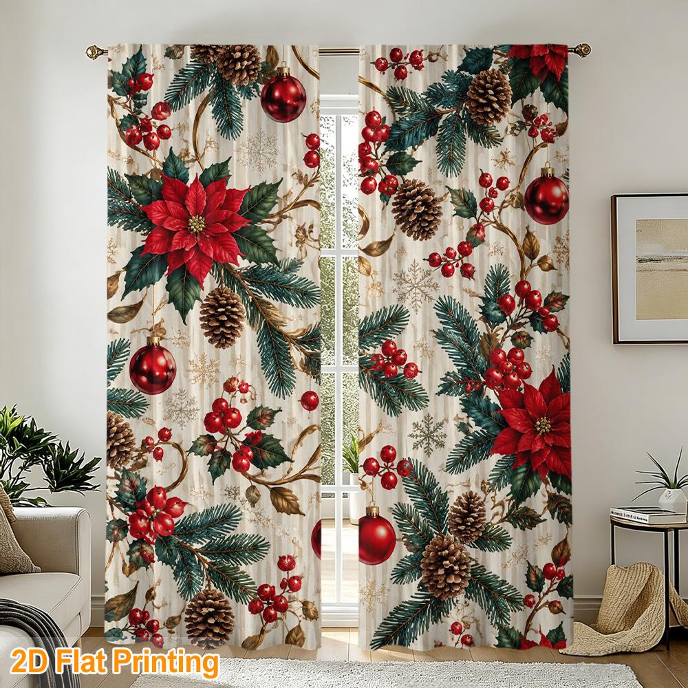 2pcs Rod Pocket Curtain with Christmas Poinsettia Pine Berries Print, Stylish Window Drapes for Home Decor Living Room Bedroom