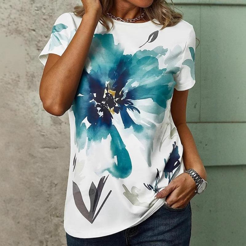 

Summer Fashion Simple Versatile Artistic Print Round Neck Women s Pullover Short Sleeved Shirt S
