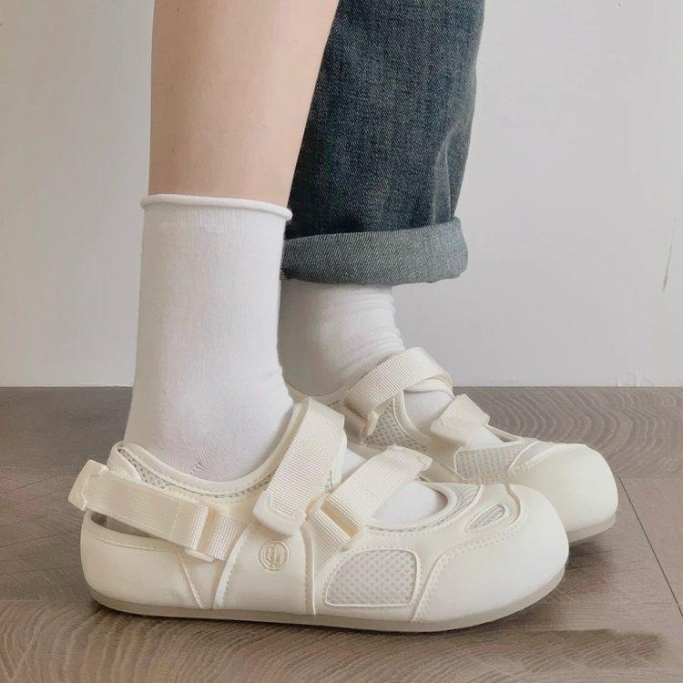Soft Leather Version~ Platform-soled Sports Bag Head Sandals Women's 2025 New Summer Little White Shoes with Skirts Velcro Single Shoes