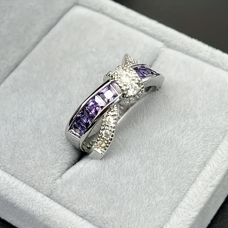 Lila Zirkonia Ringe Niedliche Damen Regenbogen Zinklegierung Plattiert Amethyst Zirkon Verlobung Statement Zirkon Größe 6-10