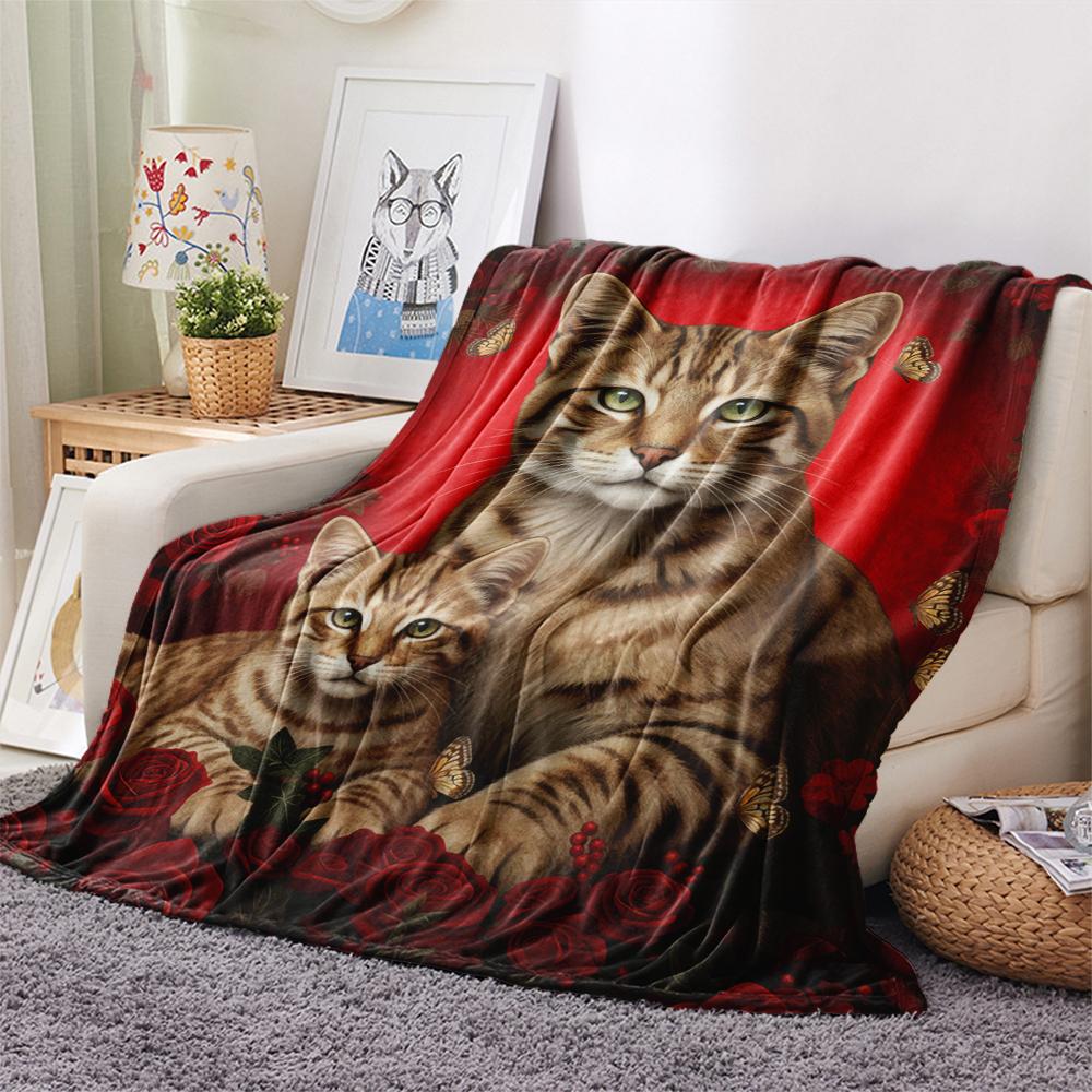 1PC Red Rose Animals Print Flannel Blanket, High Quality All Seasons, Home Decor, Warmth and Comfort, Perfect for Christmas Gifts