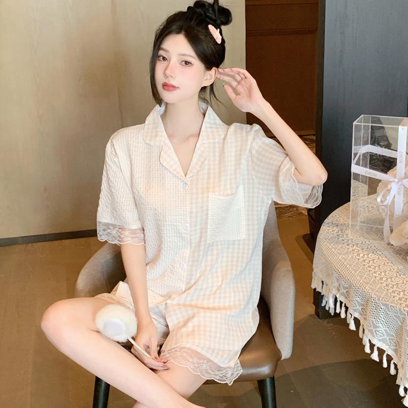 

GMXIA Women s Summer Fashion Lace-trimmed Checkered Set, Short Sleeves, Shorts, Pajamas, Fairy Home Wear XXL