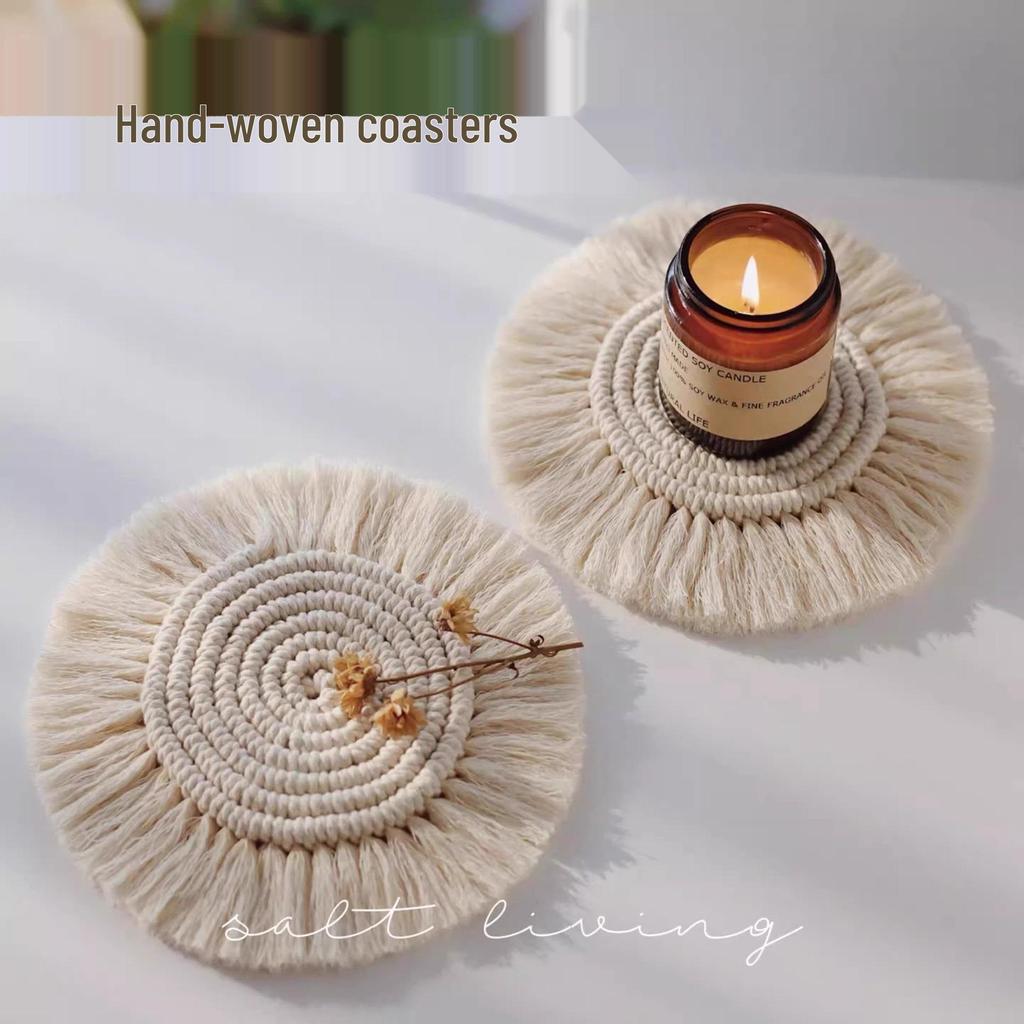 Hand-Woven White Cotton Linen Tassel Coaster - Heat Insulation Pad