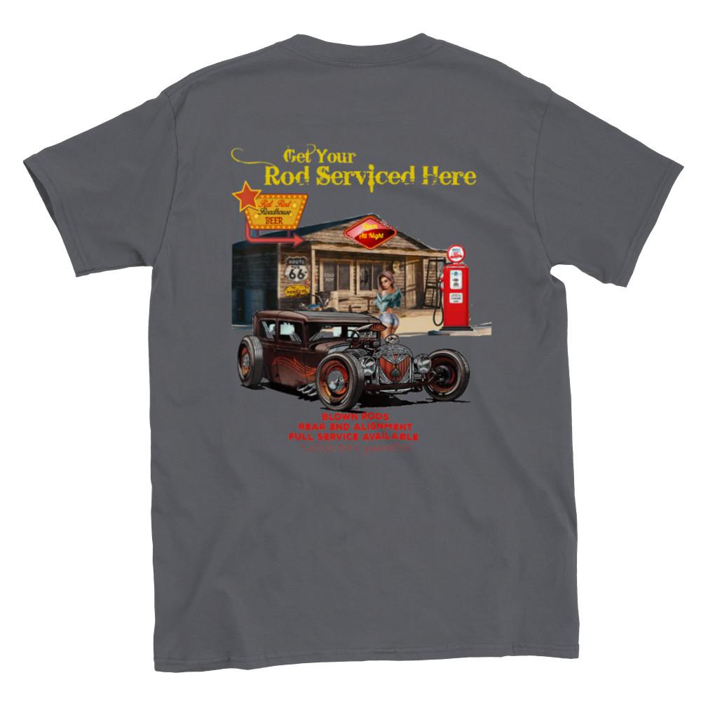 Get your Rod Serviced Here - Back Print - Classic Unisex Crewneck T-shirt Unisex T-Shirt XXXXL