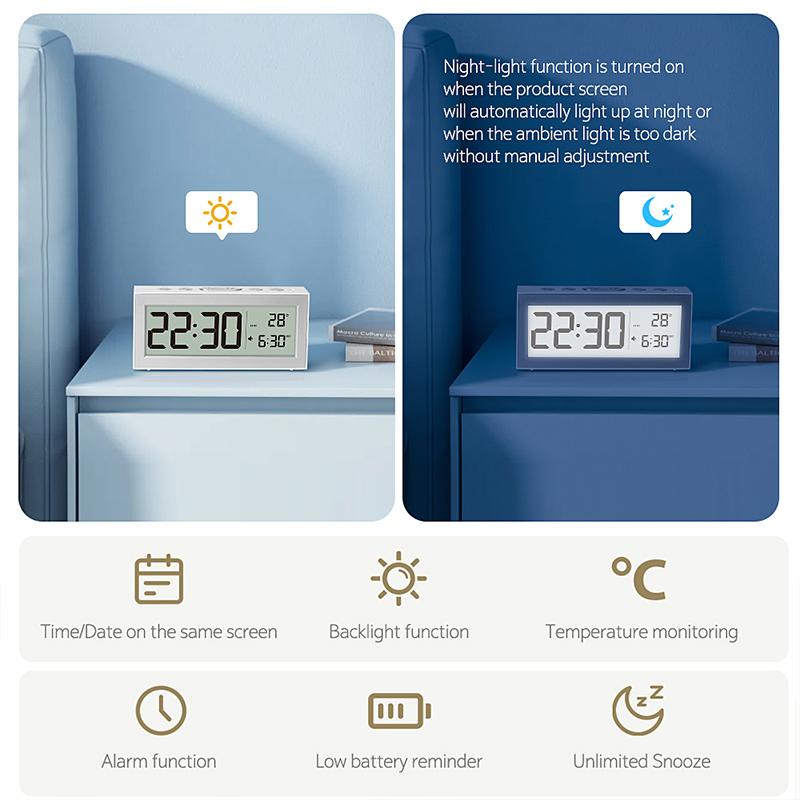 Digital Desk Clock LCD Retro Alarm Clock for Bedrooms Travel Temperature Display Backlight Calendar Battery Operated