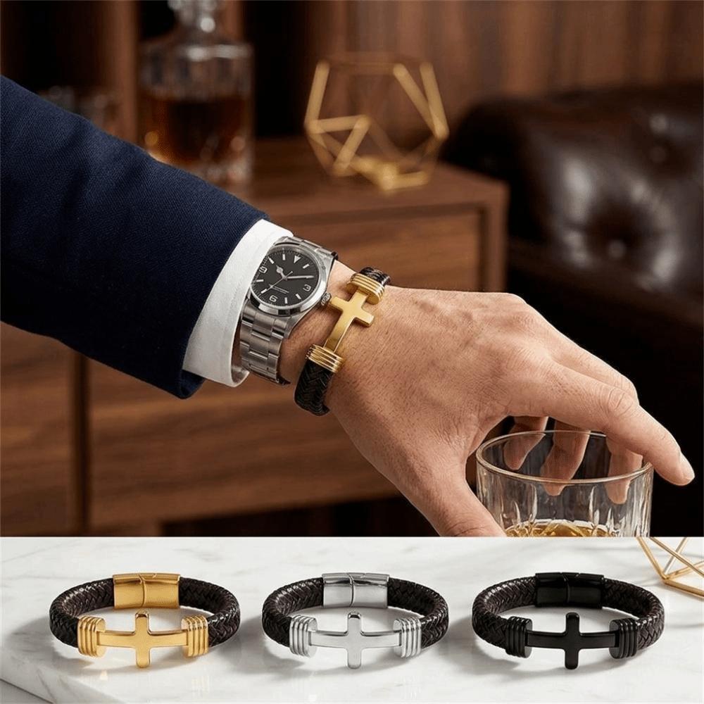 Magnetic Buckle Cross Leather Bracelet Multi-Strand Braiding Christian Bracelet Gift for Boyfriend