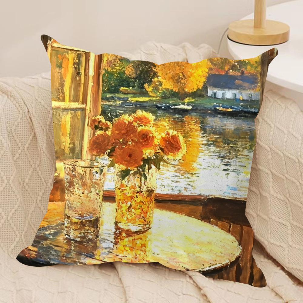 Warm Leisure Oil Painting Cushion Cover Silky Short Plush Invisible Zipper Dustproof Sofa Pillow Case For Home Decor