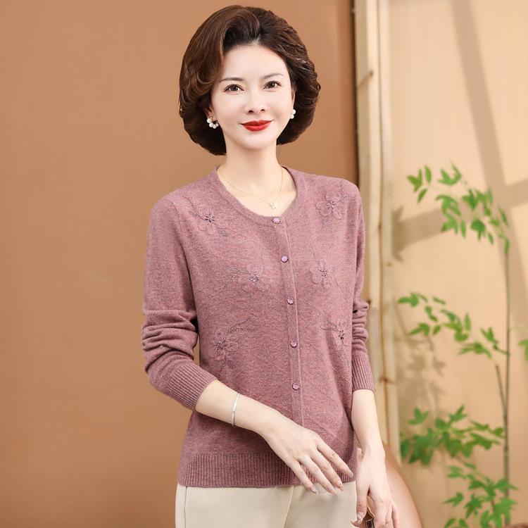 Thin Middle-aged Women's Outer Shirt Middle-aged and Elderly Women's Spring and Autumn Cardigan Mother Jacket Long-sleeved Top