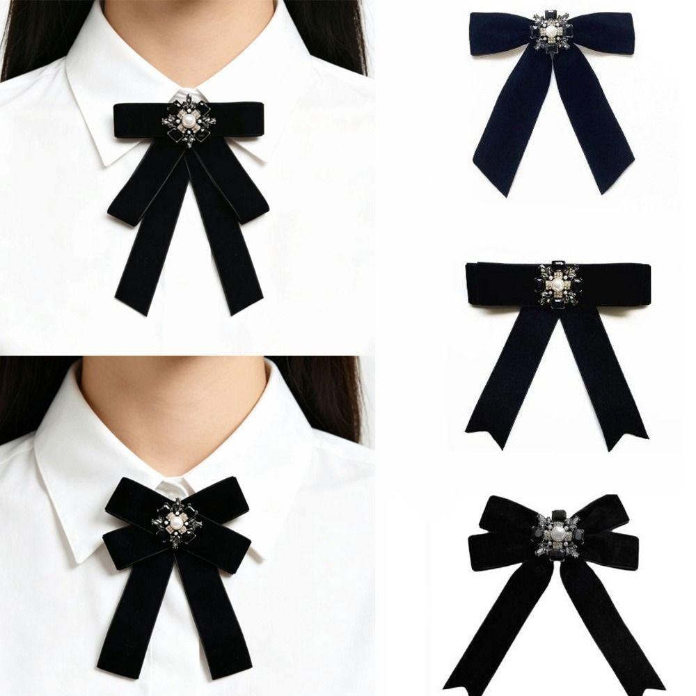 Velvet Memorial Black Bowknot Brooches Crystal Rhinestone Bow Tie Brooches Dress Shirt Accessories