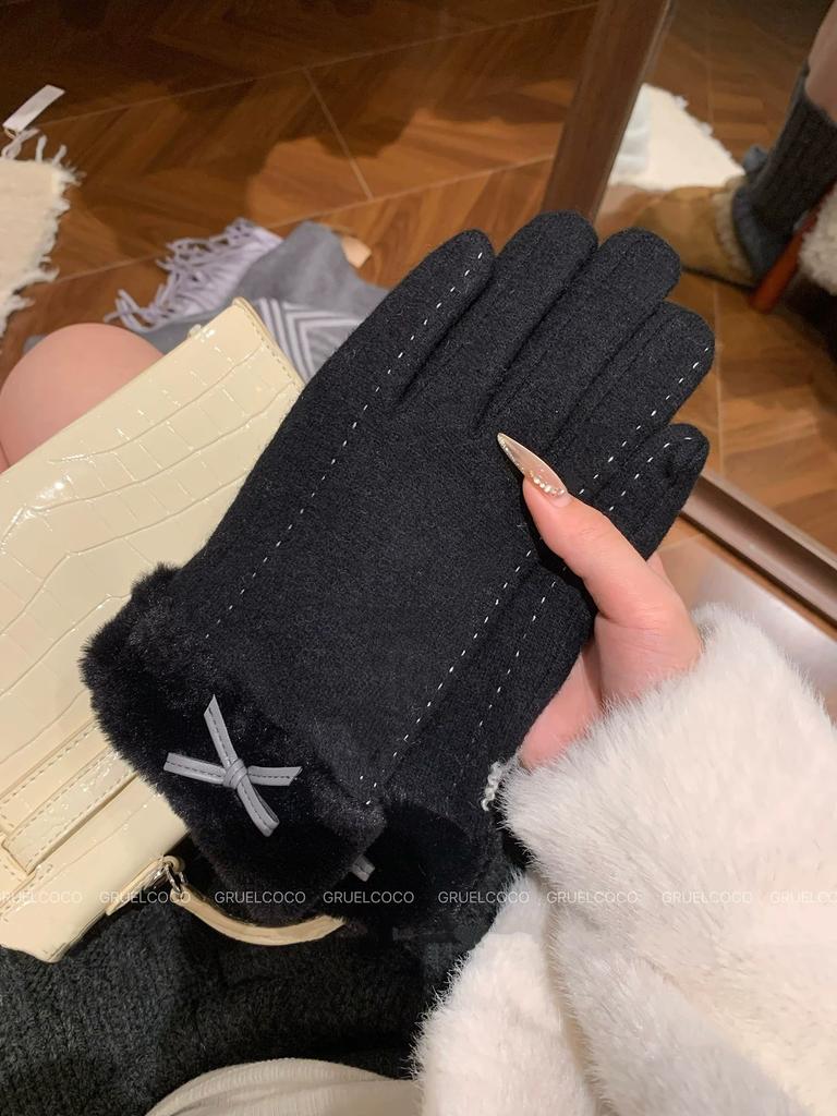 Korean Version of Gloves for Women's Autumn and Winter 2025 New Velvet Cold-proof and Warm Riding Driving Touch Screen Bow Plush Gloves