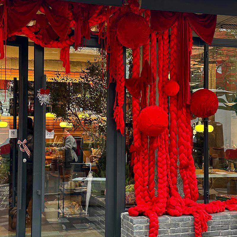 [Shop Front Decor] Red Velvet Ball Macrame Ornament for Spring Festival & New Year Backdrop