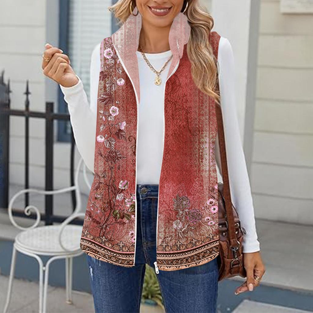 Women's Retro Printed Fashionable Warm Fleece Cardigan Vest Coat