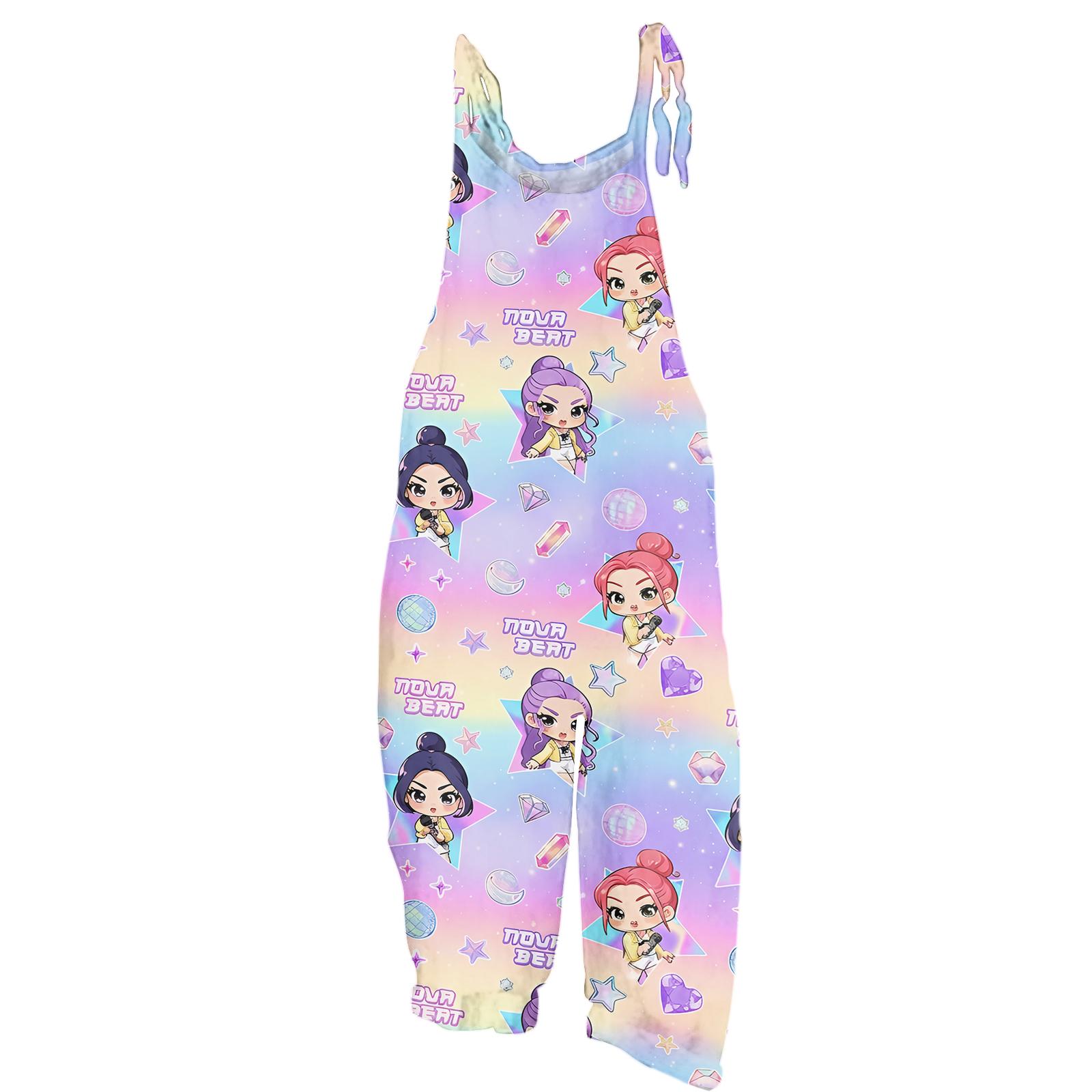 Kids Casual Jumpsuit Sleeveless Overalls Cartoon Print Adjustable Shoulder Straps Wide Leg Comfortable Fit for Girls Boys 150 синий