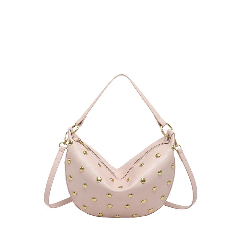 Ethos Shoes Fashi Effen PU Vintage Klinknagels Studded Hobo Tas Retro Streetwear Veelzijdige Onderarmtassen Leer Maanvormige Dames Crossbody Tassen roze