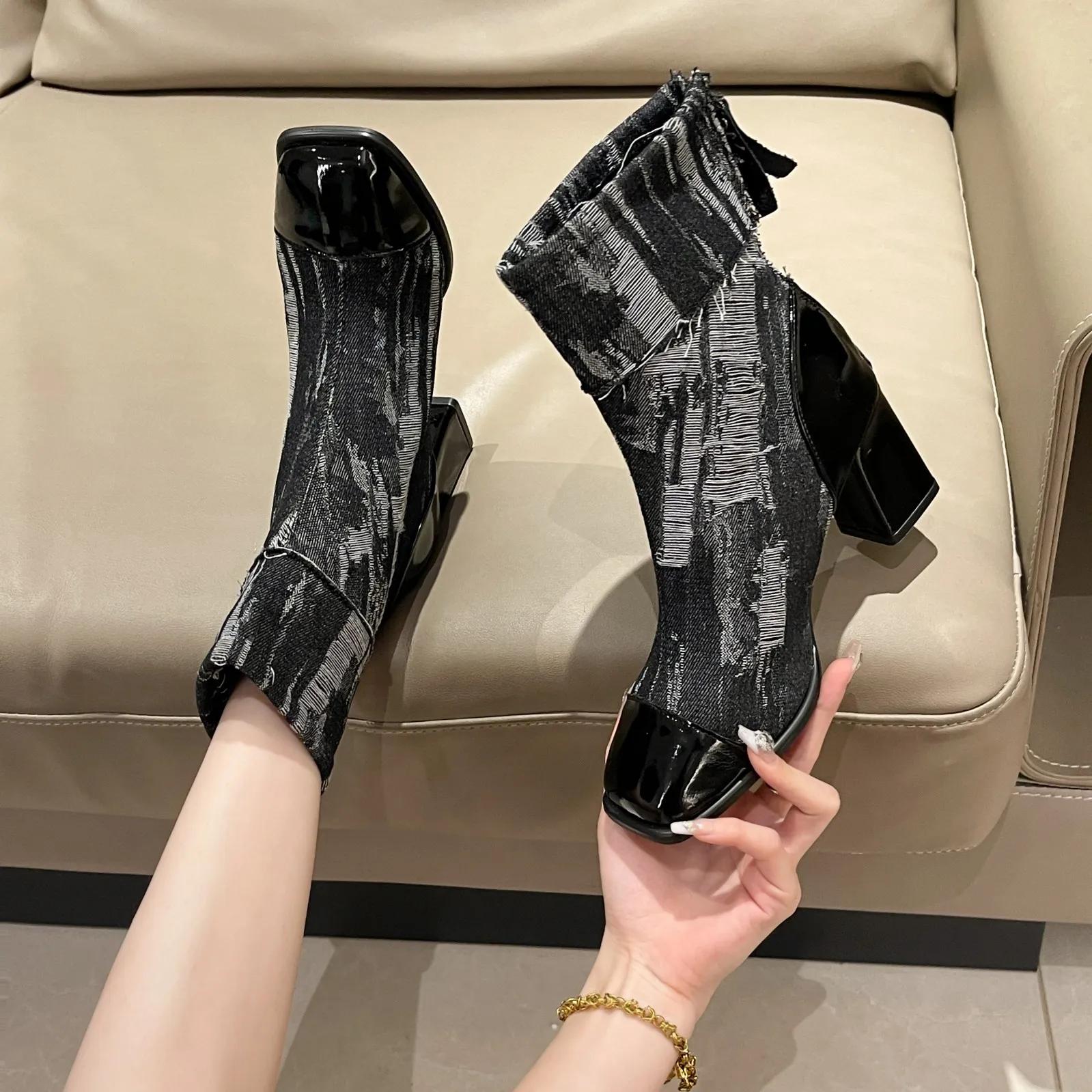 Stylish patchwork cowboy boots  new women s fall square head chunky heel comfort boots women  shoes high  thigh high boots 35
