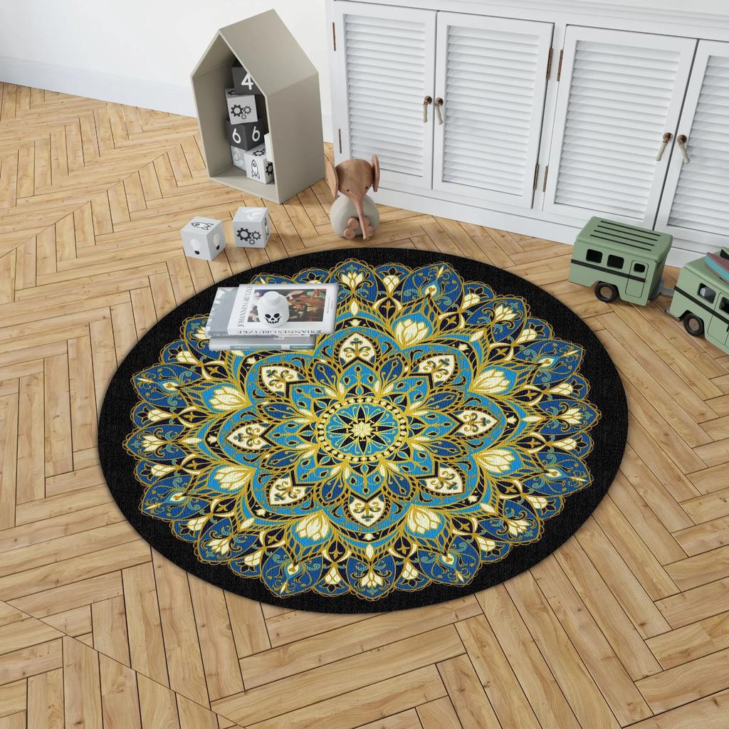 Round Area Rug With Mandala Geometric Patterns In Rich Colors Artistic Bohemian Style Soft Durable Floor Decor For Bedroom