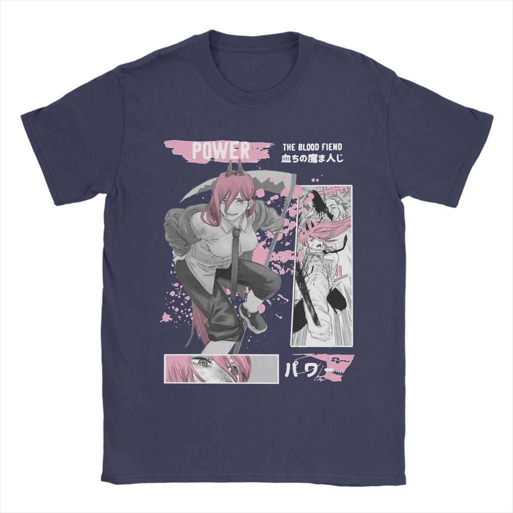 Novelty Power Chainsaw Man T-Shirt for Men O Neck Pure Cotton T Shirts Anime Manga Short Sleeve Tees Plus Size Tops