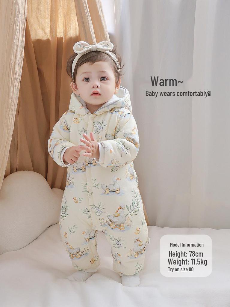 Winter Baby Romper: Thick Hooded Cotton Suit for Newborns, Ideal for Outings & Crawling