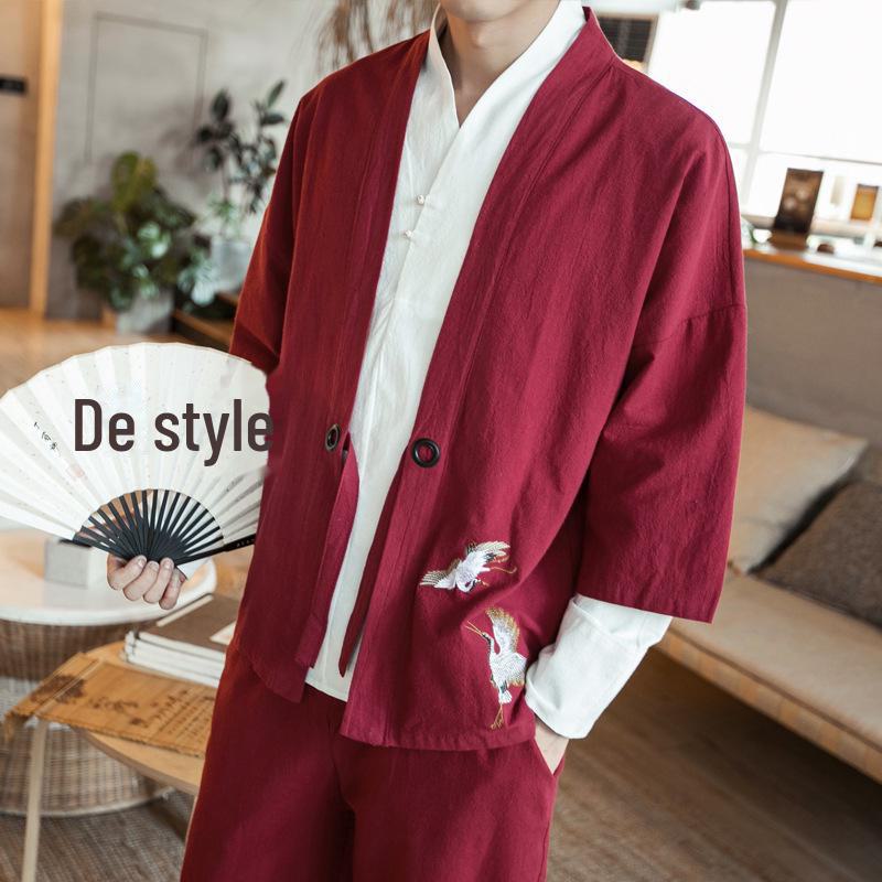 Three-Quarter Sleeve Hanfu Men's Traditional Taoist Robe - Chinese Style Zen Jacket