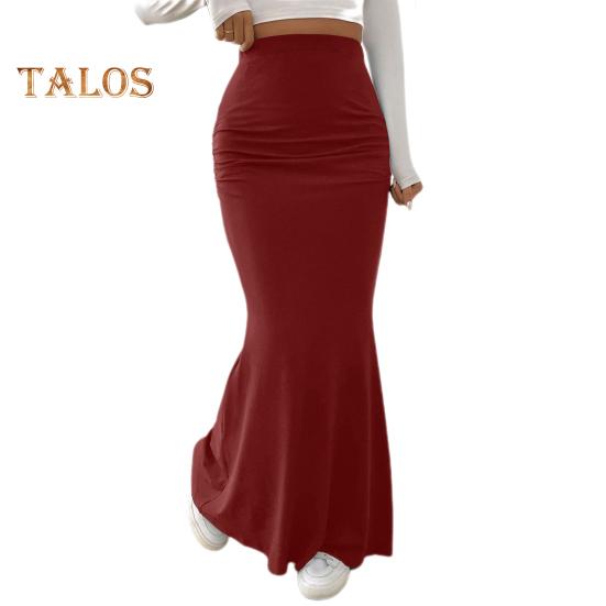 Women Maxi Skirt High Waist Solid Color Fishtail Skirt Slim Fit Hip Lifting Ankle Length Skirt Shirring Design Long Skirt
