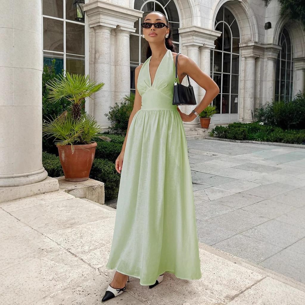 Women's 100% Cotton Long Maxi Dress  Spring Summer V-Neck Tie Waist Flowy A-Line Dress for Women European American Style