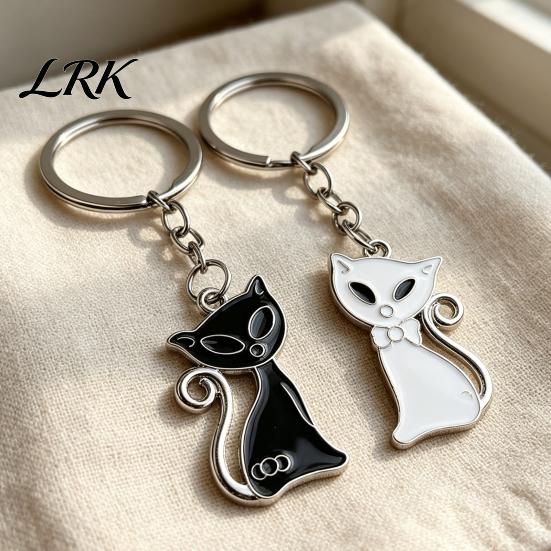 Zinc Alloy Key Holder 2Pcs Black White Cat Keychain for Backpacks, Oil Dripping Enamel DIY Bag Pendant Kitten Ring, Metal Schoolbag Charm Decoration