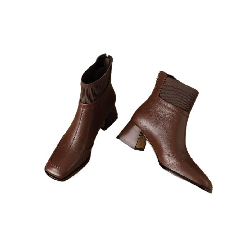 Small heel short boots women's autumn and winter new 2025 versatile fashion square head high heels velvet thick heel flying woven leather shoes